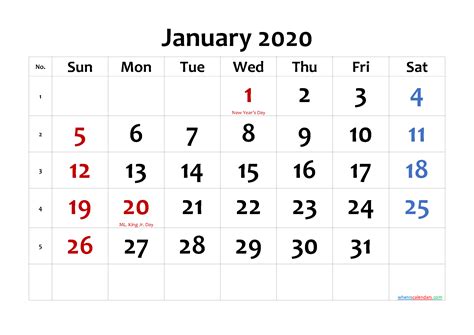 January 2020 Printable Calendar With Holidays