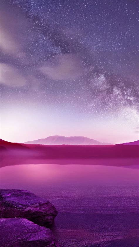 Pink And Purple Galaxy In The Sky Lake And Mountains Night Scenery