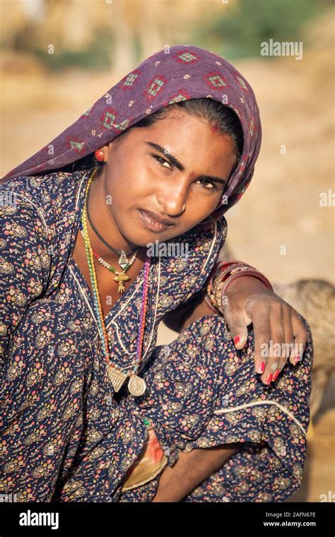Portrait Of A Young Woman Thar Desert Rajasthan India Stock Photo