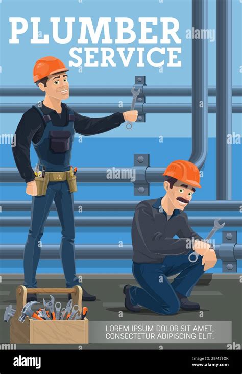 Plumbers Service Heating Pipes Replacement Vector Poster Of Workers