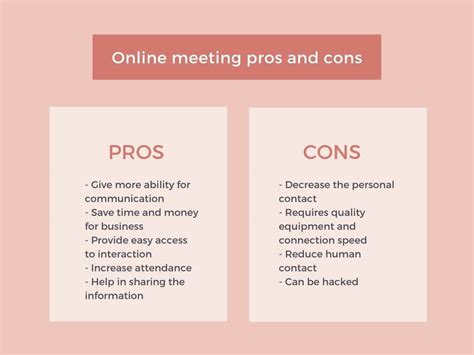Majority of people say it is beneficial whereas others argue that online education has disadvantages as well. Advantages and Disadvantages of Online Meetings. Pros and Cons