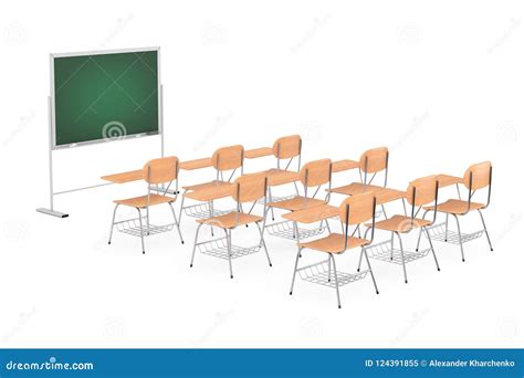 Rows Of Wooden Lecture School Or College Desk Tables With Chairs Stock