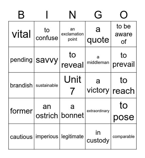 Voca Unit 7 Bingo Card