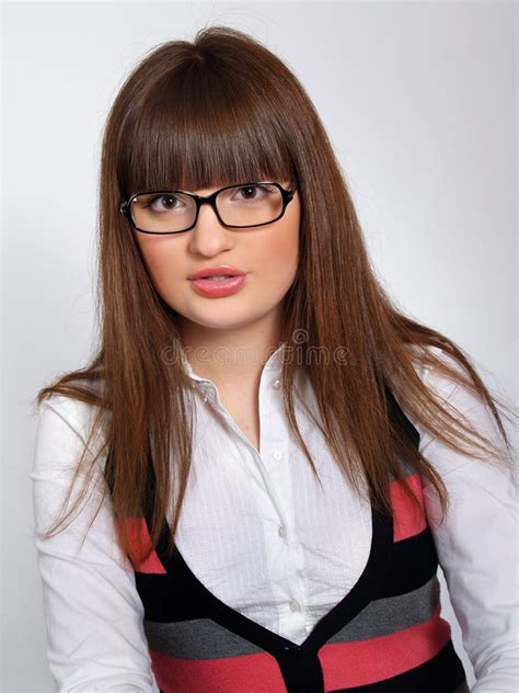 Portrait Of Pretty Brunette Girl In Glasses Speacs Stock Image Image