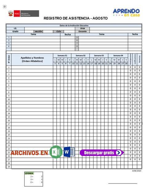 Registro De Asistencia Primaria Y Secundaria 2020 Editable En Excel