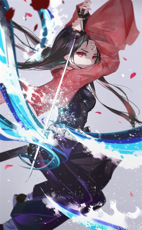 Anime Girl With Black Hair And Red Eyes And Sword