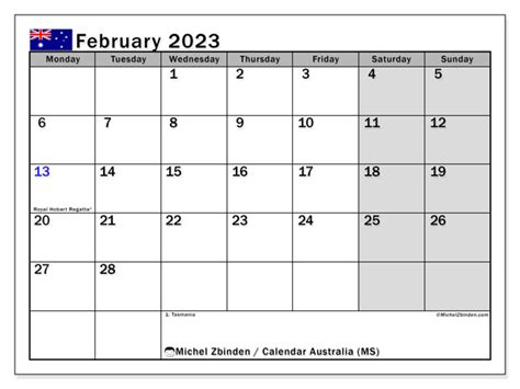 February 2023 Printable Calendar “australia Ms” Michel Zbinden Au