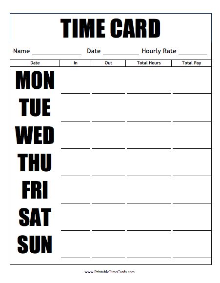 Printable Timesheets And Time Cards