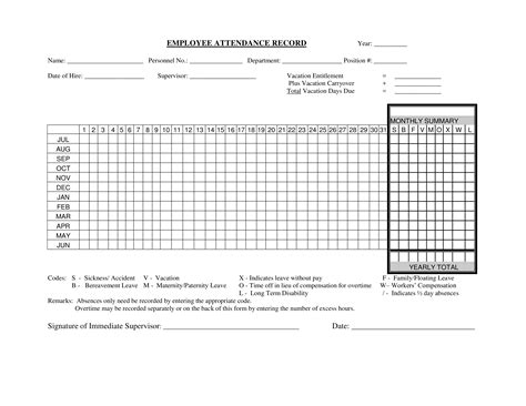 Employee Monthly Attendance Record Sheet Templates At