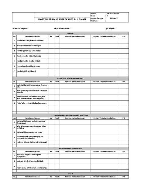 Form Checklist Inspeksi Tempat Kerja Pdf
