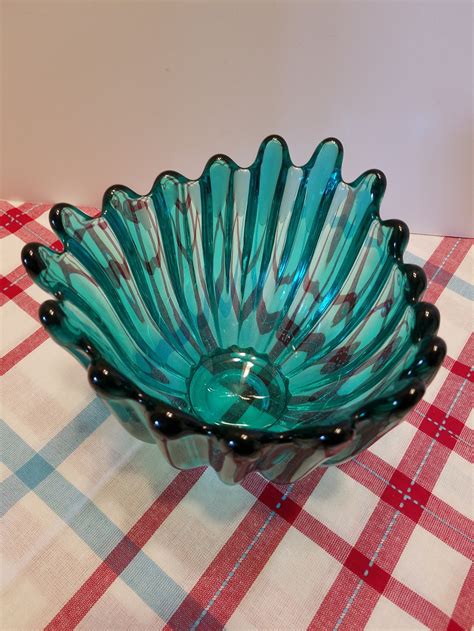 Rare Teal Art Glass Bowl Large And Heavy Glass Bowl Tulip Etsy