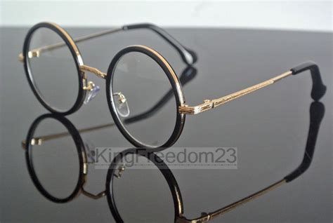 Vintage 48mm Round Bright Black Gold Eyeglass Frame Full Rim Glasses
