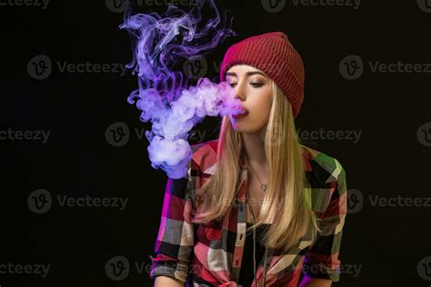Vaping Girl Young Hipster Woman Vape E Cig On Studio On Black