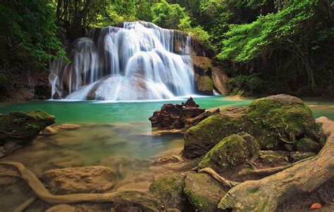 Wallpaper Greens Forest Trees Tropics Stones Waterfall Thailand