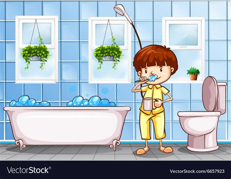 Boy Brushing Teeth In Bathroom Royalty Free Vector Image