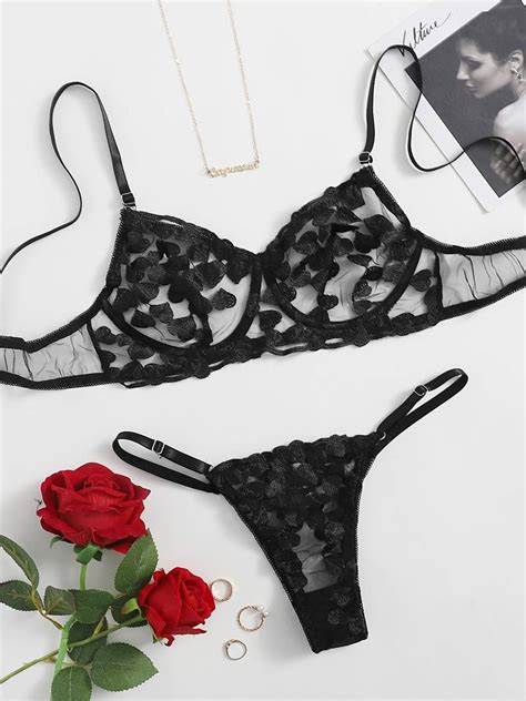 Embroidery Floral Lace Matching Lingerie Set Sexy Bra Semi Sheer Thong Panties Womens Lingerie