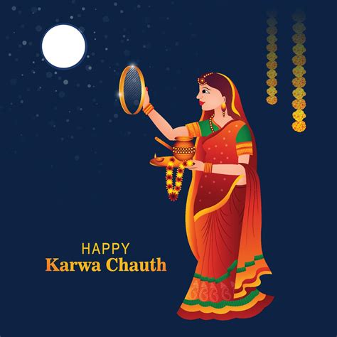 Happy Karwa Chauth Festival Card With Indian Woman Celebration