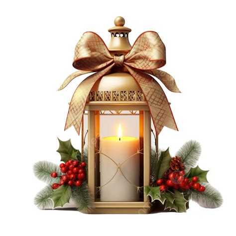 Christmas Lantern With Candle Bow And Leaves Candle Light Flame Png