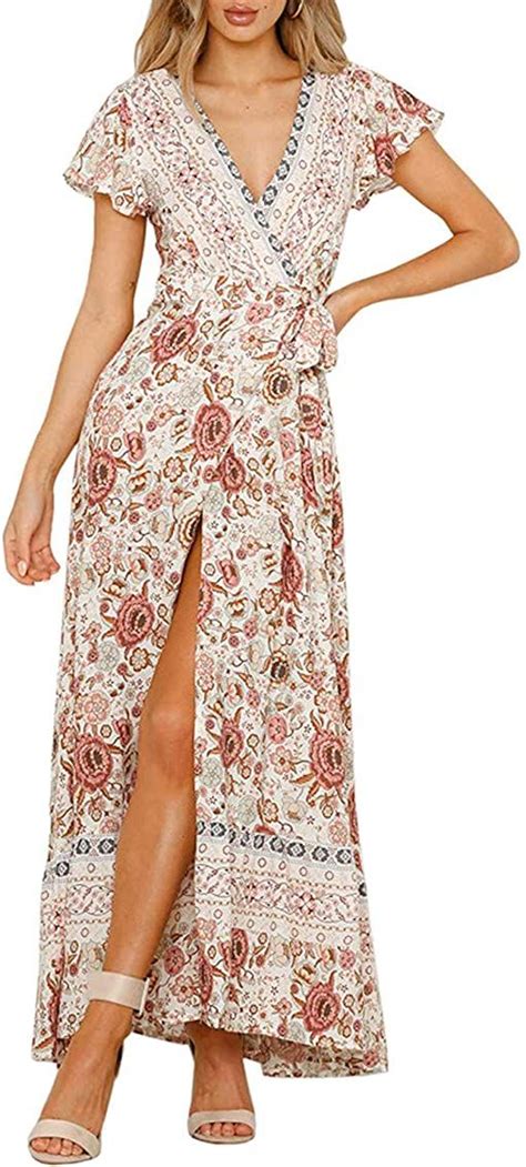 Zesica Womens Bohemian Floral Printed Wrap V Neck Short Sleeve Split Beach Party Maxi Dress