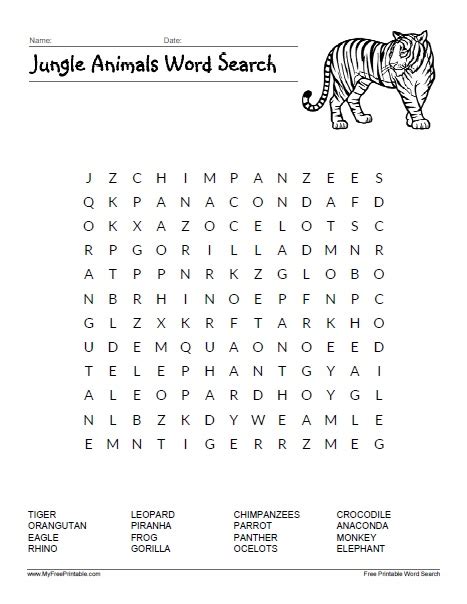 Jungle Animals Word Search Free Printables
