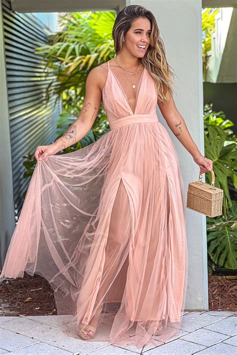 Blush V Neck Tulle Maxi Dress With Criss Cross Back Maxi Dresses Saved By The Dress
