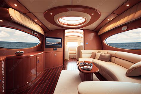 The Interior Of The Cabin Of A Luxury Yacht Or Speedboat The Sea Is