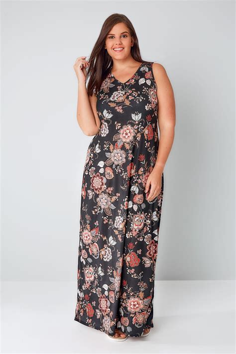Black And Multi Floral Print Jersey Maxi Dress With V Neck Plus Size 16