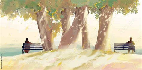 ภาพประกอบสต็อก Couple Setting In Bench Under The Tree In Park Anime