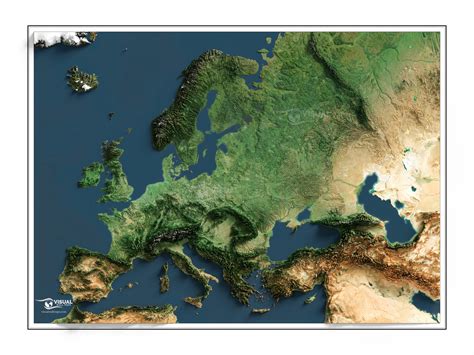 Рельефная карта Европы созданная на основе 3d данных и спутниковых