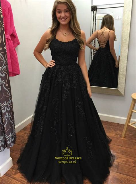 Black Backless Spaghetti Strap Tulle Beaded Lace Applique Prom Dresses
