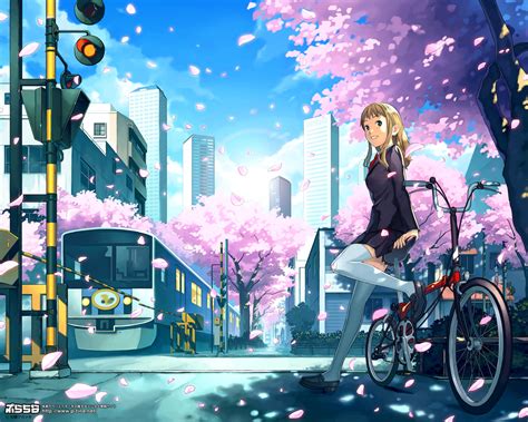 Bicycle Blonde Hair Blue Eyes Building Cherry Blossoms City Flowers