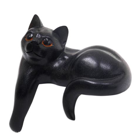 Hand Carved Wooden Cat Sculpture With Black Finish Watchful Black Cat