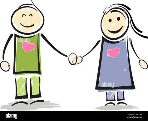 Smiling Stick Figure Couple Holding Hands Vector Illustration Stock