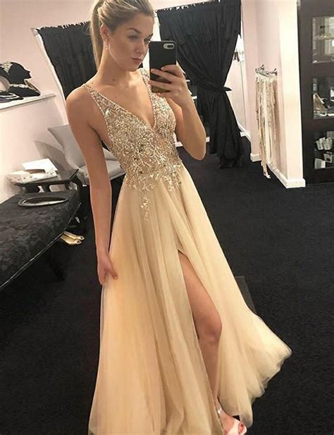 A Line V Neck Beading Prom Dress With Sequins Split Champagne Evening Dress Top Prom Dresses