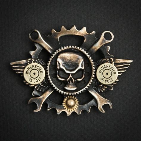 Winged Steampunk Skull Pewter Concho Biker Pin With 45 Caliber Shells