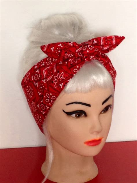 Head Scarf Red Bandana Print Headband Pinup Vintage Retro
