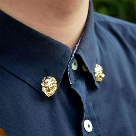 Unisex Men Jewelry Collar Pin Gold Tone Lion Head Collar Tips Brooch