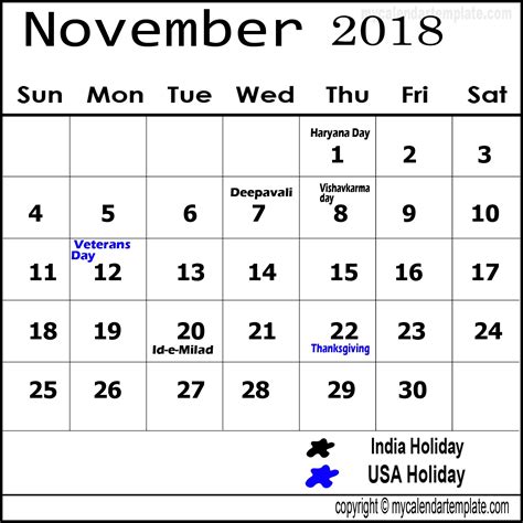 2018 Calendar Holidays November And December Template Calendar Design