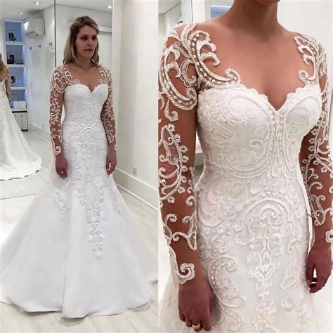 White Plus Size Mermaid Long Sleeve Wedding Dress Lace Embroidery Applique Modern V Neck Bride