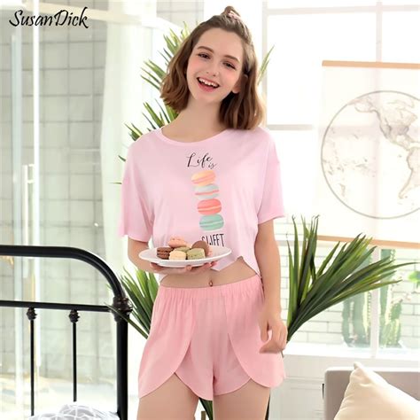 Susandick Original Summer Sleepwear Print Cute Pajamas Women Short Sleeve 2 Piece Set Ladies