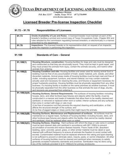 Pre License Inspection Checklist Texas Department Of Licensing