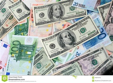 Measuring 120 x 62 mm, it is the smallest of the euro notes, and has a grey colour scheme. Paper Euros And Dollars Royalty Free Stock Image - Image ...