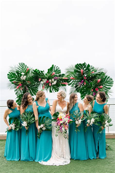 Tropical Elegant Waterfront Bridal Party Photo Bridesmaids In Mix And