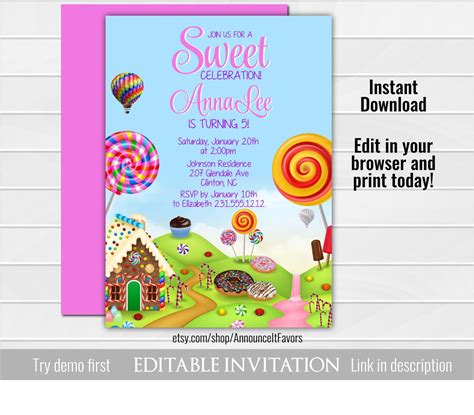 Candy Land Invitations Editable Template Candyland Sweets Etsy