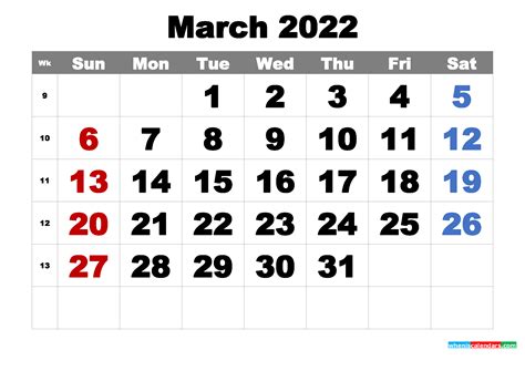 Free Printable March 2022 Calendar Word Pdf Image