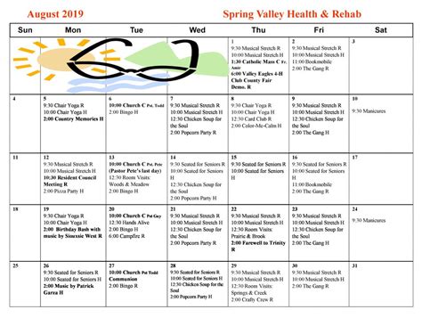 August Activity Calendar Spring Valley Senior Living And Health Care