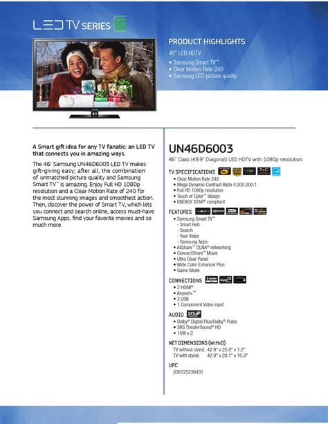Samsung Un46d6003 Brochure And Specs Pdf Download Manualslib