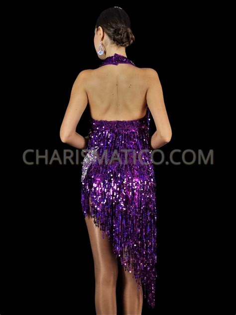 Purple Floral Embroidery Sequin Fringe Latin Salsa Dance Dress