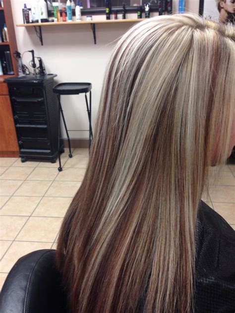 Remember to bring pictures of dark brown hair. Blonde hair with burgundy panel and low lights | Hair ...
