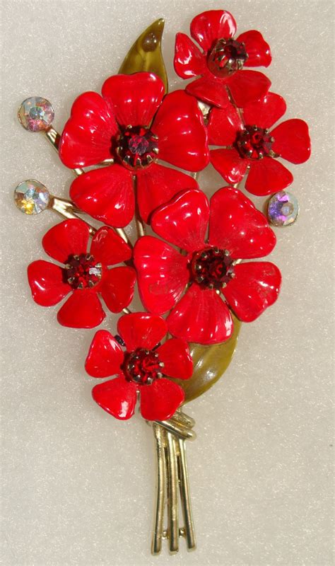 Colorful Vintage Coro Red Rhinestone Enamel Flower Bunch Brooch Nice